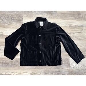 Vintage Y2K Black Velvet Velour Jacket Blazer Size 8 Grunge Goth Button Up Shirt
